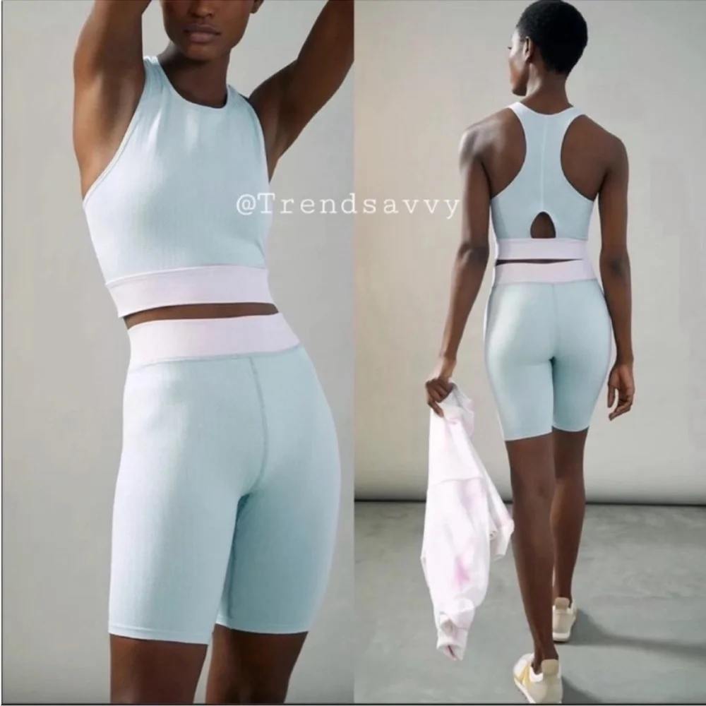 Anthropologie James Colorblock Biker Short Set Longline Sports Bra Blue Outfit